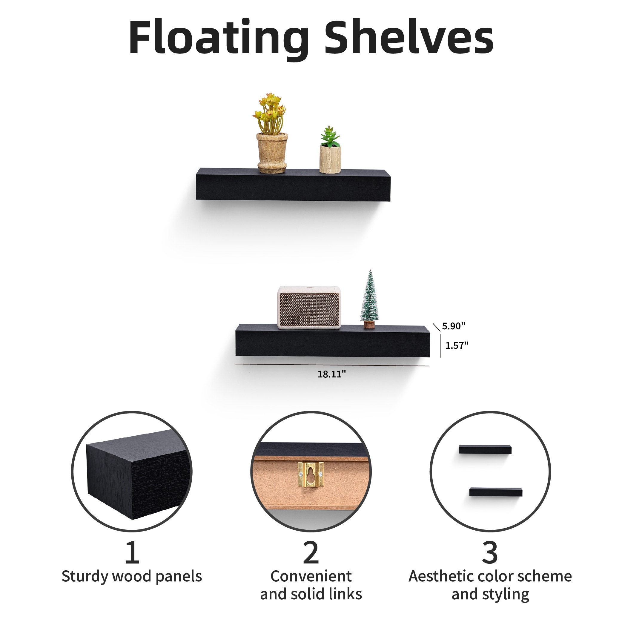 Floating Shelves 18.11" Wall Mounted Wood Shelves For Bathroom, Bedroom, Living Room, Kitchen, Hanging Shelf For Books/Storage/Decor With Invisible Brackets, Built-in LED Lighting, Black_voghion.com
